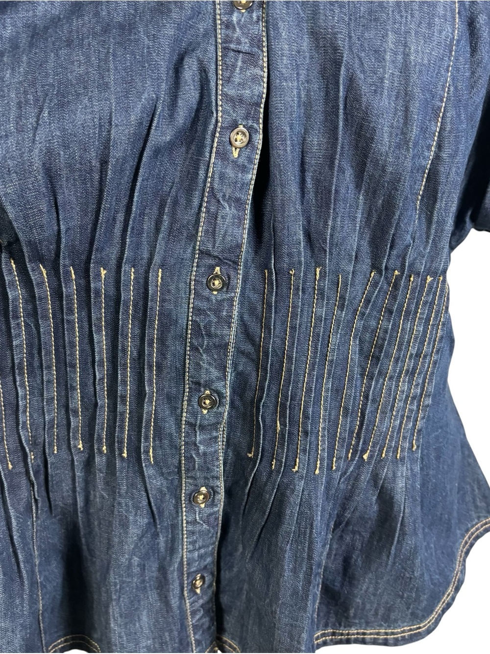 Pilcro Anthropologie Linden Denim Pleated Cinched Waisted Short Sleeve Shirt XL - Picture 5 of 8
